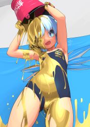 Rule 34 | 1girl, black one-piece swimsuit, blue bow, blue eyes, blue hair, bow, bucket, cirno, cowboy shot, detached wings, fairy, fang, hair bow, highres, holding, holding bucket, huxiao (mistlakefront), ice, ice wings, one-piece swimsuit, one eye closed, open mouth, paint, school swimsuit, short hair, signature, solo, swimsuit, touhou, wam, wings