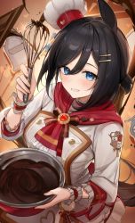 Rule 34 | 1girl, animal ears, black hair, blue eyes, blush, bowl, breasts, brown hair, buttons, cbi cbi, chef hat, chocolate, coat, double-breasted, eishin flash (collect chocolatier) (umamusume), eishin flash (umamusume), food, hair ornament, hairclip, hat, highres, holding, holding chocolate, holding food, holding whisk, horse ears, horse girl, horse tail, looking at viewer, medium breasts, medium hair, open mouth, smile, solo, stopwatch, tail, teeth, umamusume, watch, whisk, white coat, wrist cuffs