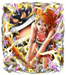 Rule 34 | 1girl, bandaid, bandaid on face, brown eyes, cloud, hair ornament, japanese clothes, lightning, long hair, nami (one piece), official art, one piece, one piece treasure cruise, open mouth, orange hair, tattoo, zeus (one piece)