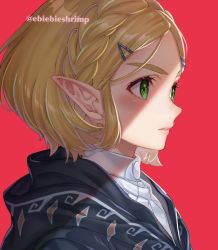 Rule 34 | 1girl, black cloak, blonde hair, braid, cloak, commentary, crown braid, expressionless, eyelashes, from side, green eyes, hair ornament, hairclip, lips, nintendo, parted bangs, pointy ears, portrait, princess zelda, red background, shade, shirt, short hair, shuri (84k), simple background, solo, symbol-only commentary, the legend of zelda, the legend of zelda: breath of the wild, the legend of zelda: tears of the kingdom, thick eyebrows, twitter username, white shirt