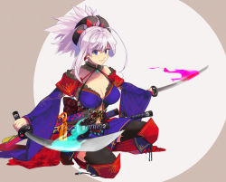 Rule 34 | 1girl, asymmetrical hair, black thighhighs, blue eyes, blue kimono, breasts, cleavage, clothing cutout, collarbone, commentary, commentary request, detached sleeves, dual wielding, earrings, fate/grand order, fate (series), hair ornament, highres, holding, japanese clothes, jewelry, katana, kimono, large breasts, leaf print, looking at viewer, magatama, maple leaf print, meeko, miyamoto musashi (fate), miyamoto musashi (third ascension) (fate), navel cutout, obi, pink hair, ponytail, sash, sheath, sheathed, sleeveless, sleeveless kimono, solo, sword, thighhighs, weapon, wide sleeves