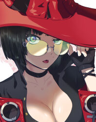 Rule 34 | 1girl, absurdres, adjusting eyewear, bbhdrrr, black choker, black gloves, black hair, blue eyes, breasts, choker, cleavage, fingerless gloves, glasses, gloves, green-tinted eyewear, green eyes, guilty gear, guilty gear strive, hat, hat over one eye, heterochromia, highres, holding, i-no, jacket, large breasts, lips, looking at viewer, looking over eyewear, mole, mole above mouth, mole under eye, parted lips, partially unbuttoned, red jacket, red lips, rimless eyewear, short hair, solo, sunglasses, tinted eyewear, upper body, venus symbol, witch hat