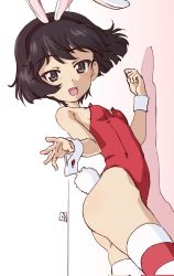 Rule 34 | 1girl, animal ears, ass, bare shoulders, black hair, blush, breasts, brown eyes, corrupted twitter file, covered navel, erakin, fake animal ears, fake tail, girls und panzer, highres, leotard, looking at viewer, open mouth, playboy bunny, rabbit ears, rabbit tail, red leotard, shiny skin, short hair, small breasts, smile, solo, tail, thighhighs, utsugi yuuki