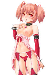 Rule 34 | 10s, 1girl, babydoll, blush, bracelet, breasts, garter belt, hand on own chest, jewelry, kaname madoka, looking at viewer, mahou shoujo madoka magica, mahou shoujo madoka magica (anime), nipples, pink eyes, pink hair, short hair, short twintails, simple background, small breasts, solo, spiked bracelet, spikes, twintails, white background, yamasan (hachiman)