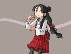 Rule 34 | 1girl, alternate costume, bag, black hair, black pantyhose, bread, brown eyes, commentary, dress shirt, english commentary, feet out of frame, food, grey background, hair bun, hair tie, high ponytail, kantai collection, long hair, long sleeves, looking at viewer, multi-tied hair, nisshin (kancolle), one-hour drawing challenge, pantyhose, pleated skirt, red ribbon, red skirt, ribbon, shirt, short eyebrows, single hair bun, sixten, skirt, solo, standing, suspender skirt, suspenders, thick eyebrows, two-tone background, very long hair, white shirt
