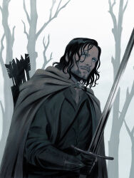 Rule 34 | 1boy, aragorn, arrow (projectile), bare tree, beard, black gloves, black hair, brown cape, cape, facial hair, fingerless gloves, gloves, grey background, highres, holding, holding sword, holding weapon, long sleeves, male focus, medium hair, quiver, stephanie (stephpeppery), sword, the lord of the rings, tolkien&#039;s legendarium, tolkien's legendarium, tree, weapon