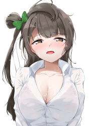 Rule 34 | 1girl, alternate breast size, arms at sides, blush, bow, bra visible through clothes, breasts, brown eyes, brown hair, cleavage, collarbone, collared shirt, commentary request, dress shirt, green bow, hair bow, half-closed eyes, highres, hot, large breasts, lips, long hair, looking at viewer, love live!, love live! school idol project, minami kotori, nose blush, one side up, open mouth, parisnoko, see-through, see-through shirt, shirt, solo, sweat, upper body, very sweaty, white shirt