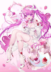 Rule 34 | 1girl, ankle boots, boots, breasts, cake, cleavage, dress, food, frills, hair ornament, hairclip, hands up, heart, high heel boots, high heels, highres, large breasts, long hair, long sleeves, looking at viewer, natsuiro xx, open mouth, original, pink theme, purple eyes, purple hair, short dress, sideless outfit, sidelocks, smile, socks, solo, spaghetti strap, stiletto boots, stiletto heels, teapot, thighlet, thighs, tiara, tongue, tongue out, twintails, very long hair, white dress, white footwear, white socks