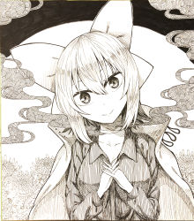 Rule 34 | 1girl, bandaged neck, bandages, bow, breasts, chrysanthemum, cloak, closed mouth, collared shirt, commentary request, flower, graphite (medium), greyscale, hair between eyes, hair bow, hatching (texture), head tilt, highres, interlocked fingers, ke-su, large breasts, long sleeves, looking at viewer, monochrome, own hands together, sekibanki, shikishi, shirt, short hair, smile, solo, touhou, traditional media, upper body