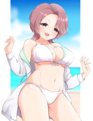 1girl arimura_mao asymmetrical_bangs bare_shoulders beach bikini blush breasts bright_pupils ch-b front-tie_bikini_top front-tie_top gakuen_idolmaster groin highres idolmaster jacket jacket_partially_removed large_breasts looking_at_viewer navel open_clothes open_jacket outdoors pink_hair purple_eyes smile solo stomach string_bikini swimsuit white_bikini white_jacket white_pupils