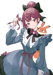 Rule 34 | 1girl, absurdres, black bow, blush, bow, brooch, closed mouth, dress, earrings, fox, grey dress, hair bow, hair bun, head tilt, heart, heart brooch, heart earrings, highres, jewelry, long sleeves, looking at viewer, lumeru 33, original, red eyes, red hair, simple background, smile, solo, white background