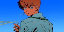 Rule 34 | 1boy, black eyes, blue background, brown hair, chromatic aberration, cigarette, closed mouth, commentary request, from behind, half-closed eyes, highres, holding, holding cigarette, looking at viewer, looking back, male focus, mob psycho 100, nanko19, reigen arataka, shirt, short hair, simple background, smoke, smoking, solo, upper body