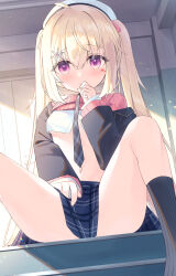 Rule 34 | 1girl, black jacket, black necktie, black socks, blazer, blonde hair, blue skirt, blush, breasts, closed mouth, clothes lift, commentary request, commission, copyright request, feet out of frame, hair between eyes, hair ornament, hand to own mouth, hand up, highres, indoors, jacket, long hair, long sleeves, looking at viewer, navel, necktie, open clothes, open jacket, pink sweater, plaid, plaid skirt, purple eyes, ribbed legwear, ribbed sweater, satsuki yukimi, shirt, sitting, skeb commission, skirt, sleeves past wrists, small breasts, snowflake hair ornament, socks, solo, sunlight, sweater, sweater lift, twintails, very long hair, virtual youtuber, white shirt