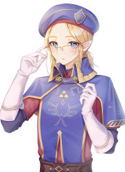 Rule 34 | 1boy, absurdres, adjusting eyewear, beret, blonde hair, blue capelet, blue eyes, blue hat, blush, capelet, collared capelet, commentary request, elbow gloves, expressionless, eyelashes, eyewear strap, forehead, glasses, gloves, gold trim, hands up, hat, high collar, highres, layered sleeves, link, long sleeves, looking at viewer, low ponytail, male focus, medium hair, nintendo, official alternate costume, parted bangs, parted lips, pointy ears, ponytail, red shirt, royal guard set (zelda), sakura ouo9, semi-rimless eyewear, shirt, short over long sleeves, short sleeves, sidelocks, solo, tabard, the legend of zelda, triforce, triforce print, uniform, upper body, white background, white gloves