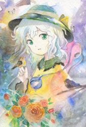 Rule 34 | 1girl, bird, bird on hand, bug, butterfly, flower, green eyes, grey hair, hashtag-only commentary, hat, hat ribbon, highres, insect, koishi day, komeiji koishi, long sleeves, looking at viewer, looking to the side, medinki, medium hair, orange flower, orange rose, painting (medium), parted lips, ribbon, rose, shirt, solo, touhou, traditional media, upper body, watercolor (medium), yellow ribbon, yellow shirt