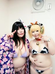 Rule 34 | 2girls, animal ears, animal print, asian, bell, bikini, black hair, blonde hair, breasts, collar, cosplay, cow ears, cow girl, cow horns, cow print, cowbell, fake animal ears, fat, headphones, horns, huge breasts, japanese clothes, jewelry, keito (cosplayer), kimono, luu (cosplayer), multiple girls, pendant, photo (medium), star (symbol), super pochaco, super pochaco (cosplay), swimsuit, twintails, watch, wristwatch