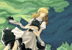Rule 34 | 1girl, apron, blonde hair, cilo, closed eyes, female focus, gloves, grass, hands on own hips, kirisame marisa, long hair, lying, smile, solo, touhou