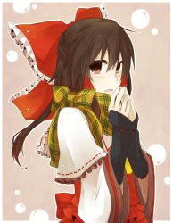 Rule 34 | 1girl, adapted costume, bow, brown eyes, brown hair, cape, dress, gauntlets, hair bow, hakurei reimu, looking at viewer, open mouth, red dress, scarf, solo, touhou, wide sleeves, yuuta (monochrome)
