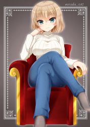 Rule 34 | 1girl, aged up, armchair, blonde hair, blue eyes, blue pants, breasts, chair, closed mouth, commentary request, crossed legs, denim, girls und panzer, grey socks, head rest, jeans, katyusha (girls und panzer), large breasts, long sleeves, looking at viewer, on chair, pants, ribbed shirt, ryochapu, shirt, short hair, sitting, smile, socks, solo, turtleneck, twitter username