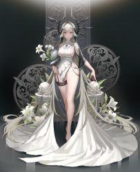 Rule 34 | 1girl, absurdly long hair, absurdres, bare legs, breasts, commentary request, dark background, dress, flower, full body, gradient background, helmet, highres, holding, holding helmet, large breasts, lily (flower), long hair, looking at viewer, okuma mai, original, parted lips, sideboob, silver hair, skull, sleeveless, sleeveless dress, standing, thigh strap, veil, very long hair, white dress, white flower, yellow eyes