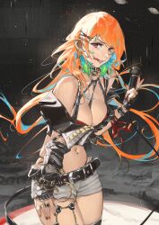 Rule 34 | 1girl, belt, between breasts, black nails, bracelet, breasts, ear piercing, earrings, fadingz, floating hair, highres, hololive, hololive english, jewelry, large breasts, microphone, midriff, multicolored hair, nail polish, navel, navel piercing, official alternate costume, orange hair, piercing, purple eyes, red nails, short shorts, shorts, solo, stomach, strap between breasts, streaked hair, takanashi kiara, thighs, tongue, tongue out, tongue piercing, virtual youtuber, white shorts