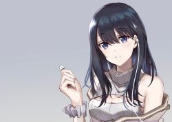 Rule 34 | 10s, 1girl, absurdres, alternate costume, bare shoulders, black hair, blue eyes, blush, breasts, changpan hutao, cleavage, cleavage cutout, clothing cutout, earphones, grey background, grey sweater, gridman universe, hair between eyes, hand up, head tilt, highres, holding, long hair, medium breasts, meme attire, off shoulder, open-chest sweater, parted lips, scrunchie, simple background, smile, solo, ssss.gridman, sweater, takarada rikka, turtleneck, turtleneck sweater, upper body, wrist scrunchie