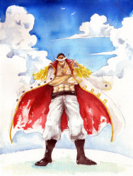 Rule 34 | 1boy, bandana, blue sky, cloud, crossed arms, edward newgate, facial hair, full body, jacket, jacket on shoulders, male focus, muscular, mustache, one piece, open clothes, open shirt, outdoors, pants, sash, scar, shirt, topless male, sky, smile, solo, standing, white pants