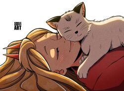 Rule 34 | 1girl, 1other, artist name, blonde hair, cat, cat on person, chainsaw man, closed eyes, hood, hoodie, horns, long hair, meowy (chainsaw man), power (chainsaw man), red hoodie, red horns, sleeping, sleeping on person, smile, smilesimplyart, white cat