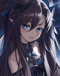 Rule 34 | 1girl, bare shoulders, black dress, black sky, blue eyes, blue gemstone, blush, breasts, close-up, cloud, commentary request, curled horns, dark clouds, diamond-shaped pupils, diamond (shape), dragon girl, dragon horns, dress, gem, horns, jewelry, long hair, looking at viewer, monster girl, necklace, night, okazu (eightstudio), open mouth, original, outdoors, pointy ears, sharp teeth, short eyebrows, sidelocks, sky, small breasts, solo, symbol-shaped pupils, teeth, thick eyebrows, two side up, very long hair