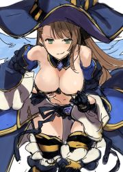 Rule 34 | &gt;:), 10s, 1girl, adjusting clothes, bare shoulders, beatrix (granblue fantasy), bent over, black gloves, blue hat, blush, breasts, brown hair, cleavage, detached collar, detached sleeves, eyebrows, gloves, granblue fantasy, green eyes, grin, halloween, halloween costume, hand on own hip, hat, large breasts, leaning forward, long hair, long sleeves, looking at viewer, navel, no nose, nose blush, simple background, sketch, smile, solo, striped clothes, striped thighhighs, thighhighs, tooya daisuke, v-shaped eyebrows, white background, wide sleeves, witch hat