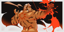 Rule 34 | 1boy, ass peek, back tattoo, bara, completely nude, fire, flaming hand, floating hair, from behind, highres, large hands, long hair, looking at viewer, looking back, male focus, mature male, muscular, muscular male, nude, original, out-of-frame censoring, outstretched arms, pyrokinesis, solo, spread arms, strongman waist, tattoo, weisun (leoooliooon)
