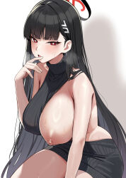 Rule 34 | 1girl, :o, absurdres, bare arms, bare shoulders, black hair, black sweater, blue archive, blunt bangs, blush, breasts, bright pupils, commentary request, hair ornament, halo, hand up, highres, large breasts, long hair, looking at viewer, meme attire, nipples, one breast out, onedoo, open mouth, red eyes, rio (blue archive), sleeveless, solo, sweater, thighs, turtleneck, turtleneck sweater, virgin killer sweater, white pupils