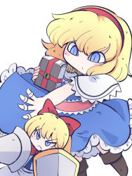Rule 34 | 1girl, alice margatroid, blonde hair, blue dress, blue eyes, blush stickers, book, boots, brown footwear, capelet, chahan (fried rice0614), dress, frilled dress, frills, grimoire of alice, hair between eyes, hairband, highres, holding, holding book, jewelry, lance, one-hour drawing challenge, polearm, puppet rings, red hairband, ring, shanghai doll, shield, short hair, simple background, solo, touhou, weapon, white background, white capelet