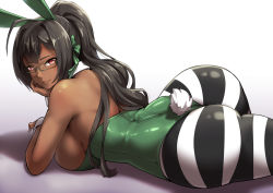 Rule 34 | 1girl, animal ears, ass, bare shoulders, black-framed eyewear, black hair, borrowed character, breasts, commentary, commission, cyron tanryoku, dark-skinned female, dark skin, fake animal ears, glasses, highres, large breasts, leotard, long hair, packge, pantyhose, playboy bunny, ponytail, rabbit ears, rabbit girl, rabbit tail, red eyes, shadow, sideboob, sidelocks, solo, striped clothes, striped pantyhose, tail