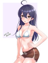 Rule 34 | 1girl, ahoge, ame-san, bikini, bikini top only, black hair, breasts, brown eyes, brown shorts, cleavage, cowboy shot, dated, dolphin shorts, hair between eyes, hand on own hip, highres, kantai collection, long hair, looking at viewer, medium breasts, navel, shorts, solo, swimsuit, twitter username, two-tone background, ushio (kancolle), white bikini