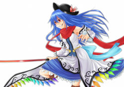 Rule 34 | 1girl, adapted costume, bad id, bad pixiv id, blue hair, detached sleeves, female focus, flower, grin, hat, hinanawi tenshi, judo fuu, long hair, red eyes, scarf, smile, solo, sword, sword of hisou, touhou, weapon, white background