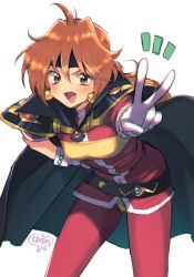 Rule 34 | 1girl, armor, artist name, belt, black belt, black cape, black headband, cape, commentary, cowboy shot, earrings, fang, gloves, hand on own hip, headband, highres, jewelry, leaning forward, lina inverse, long hair, looking at viewer, murata tefu, notice lines, open mouth, orange hair, pants, pauldrons, red eyes, red pants, red shirt, shirt, shoulder armor, signature, simple background, slayers, smile, solo, standing, v, white background, white gloves