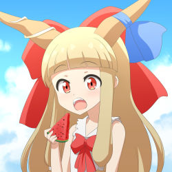 Rule 34 | 1girl, bare arms, bare shoulders, blonde hair, blue ribbon, blue sky, blunt bangs, bow, cato (monocatienus), cloud, commentary request, food, fruit, hair bow, highres, horn ornament, horn ribbon, horns, ibuki suika, large bow, long hair, long sleeves, looking at viewer, open mouth, red bow, red eyes, ribbon, shirt, sky, solo, teeth, touhou, upper body, upper teeth only, watermelon, watermelon slice, white shirt