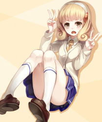 Rule 34 | 10s, 1girl, blonde hair, cardigan, double v, hairband, kise yayoi, kneehighs, loafers, open mouth, parsley-f, precure, school uniform, shoes, simple background, skirt, smile precure!, socks, solo, sweater, v, white hairband, yellow eyes