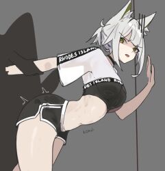 Rule 34 | 1boy, 1girl, 1other, against wall, animal ears, arknights, arm grab, black choker, blunt bangs, breasts, cat ears, cat girl, choker, dolphin shorts, from behind, green eyes, hand on wall, humping, kal&#039;tsit (arknights), large breasts, navel, nuggetkouhai, ponytail, rhodes island logo (arknights), short hair, short ponytail, shorts, sidelocks, sports bra, sportswear, thick thighs, thighs, unamused, white hair