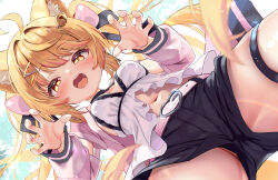 Rule 34 | 1girl, ahoge, animal ear fluff, animal ears, bell, belt, black ribbon, black shorts, blonde hair, blush, borrowed character, bow, breasts, breasts apart, cat ears, cat girl, chemise, commentary, commission, detached sleeves, from below, gao, hair bell, hair bow, hair ornament, hair ribbon, highres, legs apart, long hair, long sleeves, looking at viewer, medium breasts, midriff, multicolored hair, nose, nyahu (nyahu 77), open mouth, original, outdoors, partially visible vulva, pink bow, red hair, ribbon, romaji commentary, shorts, skeb commission, solo, spread legs, standing, teeth, thigh strap, tongue, twintails, two-tone hair, upper teeth only, white chemise, yellow eyes