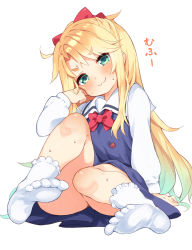Rule 34 | 1girl, :3, amagasa yun, blonde hair, blue dress, blush, bow, closed mouth, commentary request, dress, feet, full body, gradient hair, green eyes, green hair, hair bow, hand up, head tilt, high ponytail, highres, himesaka noa, legs, long hair, long sleeves, looking at viewer, multicolored hair, no shoes, ponytail, red bow, sailor collar, sailor dress, school uniform, shirt, simple background, sitting, sleeveless, sleeveless dress, socks, soles, solo, sweat, thick eyebrows, v-shaped eyebrows, very long hair, watashi ni tenshi ga maiorita!, white background, white sailor collar, white shirt, white socks