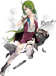 Rule 34 | 1girl, ahoge, boots, bow, bowtie, braid, breasts, cross-laced footwear, dress, fujikawa, full body, green hair, grey thighhighs, halterneck, kantai collection, lace-up boots, long hair, machinery, mole, mole under mouth, official art, purple thighhighs, school uniform, shirt, short sleeves, single braid, solo, thighhighs, torn clothes, torn thighhighs, torpedo, transparent background, very long hair, white shirt, yuugumo (kancolle), yuugumo kai ni (kancolle)