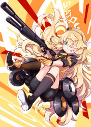 Rule 34 | 1girl, ;q, ammunition, asymmetrical legwear, bike shorts, black footwear, black shorts, black socks, blonde hair, blush, brown socks, character name, closed mouth, commentary request, fabarm sat-8, full body, girls&#039; frontline, gloves, green eyes, gun, hair between eyes, hairband, harada (sansei rain), highres, holding, holding gun, holding weapon, italian flag neckwear, jacket, kneehighs, long hair, mismatched legwear, name connection, object namesake, one eye closed, orange gloves, orange hairband, orange jacket, s.a.t.8 (girls&#039; frontline), semi-automatic firearm, semi-automatic shotgun, shield module, shoes, short shorts, short sleeves, shorts, shotgun, shotgun shell, smile, socks, solo, tongue, tongue out, very long hair, weapon
