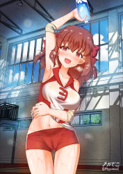 Rule 34 | 1girl, 3d background, arm up, armpits, bare shoulders, blush, bottle, breasts, brown hair, buruma, cameltoe, collarbone, girls und panzer, gym, hair ornament, hair ribbon, highres, indoors, kondou taeko, large breasts, looking at viewer, megadeko, navel, open mouth, red buruma, red eyes, ribbon, shiny skin, smile, solo, sportswear, sweat, volleyball uniform, water bottle