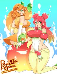 Rule 34 | 2girls, agawa ryou, apple, artist name, bad id, bad tumblr id, breasts, denim, earrings, food, food-themed hair ornament, fruit, green eyes, hair ornament, hand on thigh, huge breasts, jeans, jewelry, large breasts, lips, lipstick, looking back, makeup, multiple girls, orange (fruit), orange hair, pants, personification, red hair, red lips, smile, thick lips, thick thighs, thighs, watermark, web address