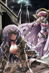 Rule 34 | 10s, 2girls, absurdres, annelotte, annelotte (queen's blade), armor, armored dress, blue eyes, bodysuit, breasts, cape, claudette (queen&#039;s blade), claudette (queen's blade), cleavage, elbow gloves, gloves, green eyes, hat, highres, knight princess annelotte, large breasts, lightning, multiple girls, purple hair, queen&#039;s blade, queen&#039;s blade rebellion, red hair, sword, thighhighs, thundercloud queen claudette, tiara, torn clothes, tsurugi hagane, weapon, wince