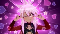 Rule 34 | 1girl, 3d, armor, blush, breastplate, capelet, chloe von einzbern, closed mouth, dark-skinned female, dark skin, fate/kaleid liner prisma illya, fate (series), female focus, fingerless gloves, gloves, gs-mantis, hair between eyes, hair ornament, hairpin, half updo, hands up, heart, highres, jewelry, licking, long sleeves, looking at viewer, magical girl, medium hair, nail polish, one eye closed, orange eyes, pink hair, ponytail, smile, solo, tongue, tongue out, wink