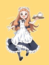 Rule 34 | 1girl, animal ears, apron, bear ears, black dress, black footwear, black pantyhose, blunt bangs, brown eyes, child, commentary request, cup, dress, euphoniummatsu, fake animal ears, frilled apron, frilled dress, frills, full body, hand up, highres, holding, holding tray, ichihara nina, idolmaster, idolmaster cinderella girls, idolmaster cinderella girls u149, long hair, looking at viewer, maid apron, maid headdress, open mouth, orange background, orange hair, pantyhose, puffy short sleeves, puffy sleeves, short bangs, short sleeves, simple background, smile, solo, teapot, tray, white apron