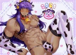 Rule 34 | 1boy, 2021, abs, alternate costume, alternate pectoral size, animal ears, animal print, bell, blush, bra, bulge, chariko, chinese zodiac, collar, commentary, covered erect nipples, cow boy, cow ears, cow horns, cow print, creatures (company), dark-skinned male, dark skin, elbow gloves, english commentary, fake animal ears, game freak, gen 2 pokemon, gloves, heart, horns, knee up, large pectorals, leon (pokemon), long hair, male focus, male pubic hair, miltank, muscular, muscular male, navel, neck bell, nintendo, panties, pectorals, pokemon, pokemon (creature), pokemon swsh, print bra, print gloves, print panties, print thighhighs, pubic hair, purple hair, solo, stomach, thick thighs, thighhighs, thighs, underwear, year of the ox, yellow eyes